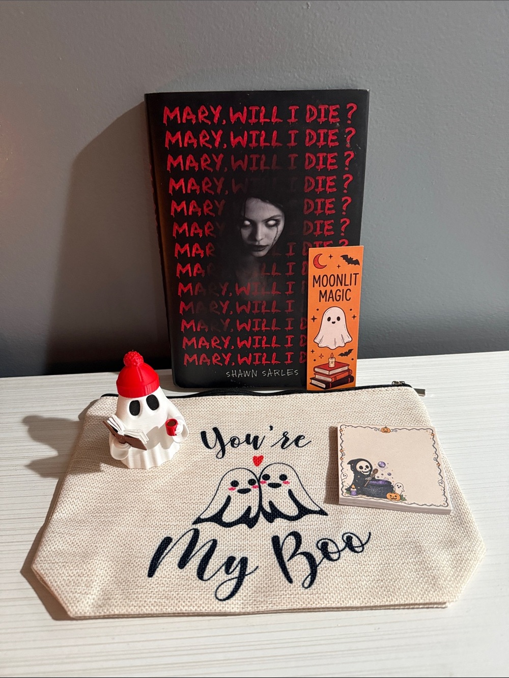 Halloween reading bundle. Book, bookmark, little ghost, pouch, and note pad